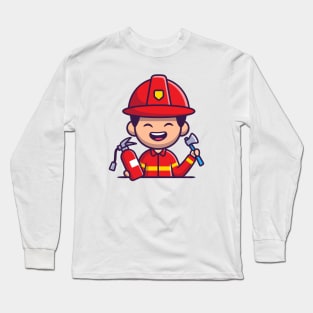 Firefighter With Hatchet Axe And Fire Extinguisher Cartoon Long Sleeve T-Shirt